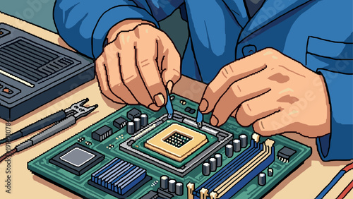 Engineer assembling circuit board with processor in retro pixel art style