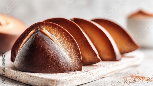 Four Slices of Rich Chocolate Cake Presented on a Textured Surface in a Studio Setting