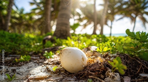 A solitary, freshly harvested ivory coconut egg rests on a tropical beach, bathed in warm sunlight amidst lush foliage and palm trees.