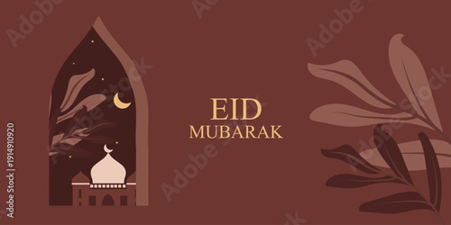 Eid Mubarak modern design with mosque, building, crescent moon in brown color.  Ramadan Kareem banner, poster, greeting card, cover design in trendy warming brown colors background.