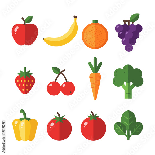 Colorful flat design illustration of various fresh fruits and vegetables, healthy food.