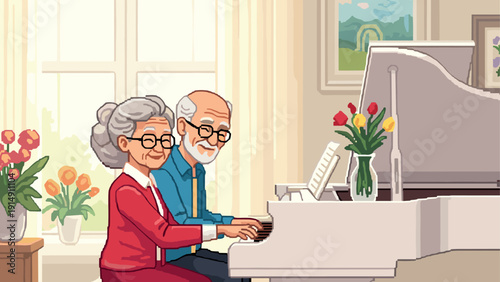 Charming elderly couple enjoying a piano duet in a cozy home setting