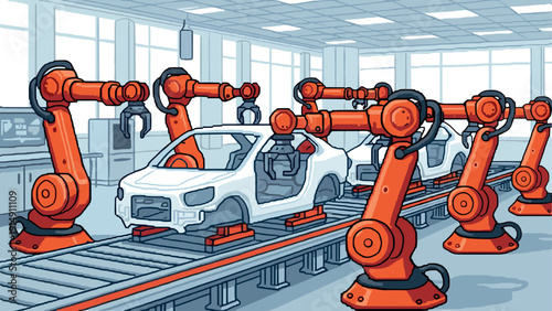 Robotic arms assembling cars in modern factory setting