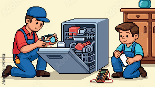 Cartoon repairmen fixing dishwasher: whimsical home appliance maintenance scene