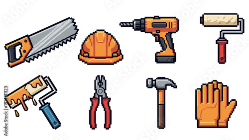 Construction tools set in retro pixel style featuring hammer, drill, and more