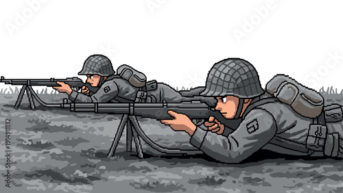 Pixel art soldiers in combat position with vintage military helmets