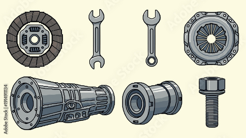 Retro pixel art of mechanical components and tools in neutral tones