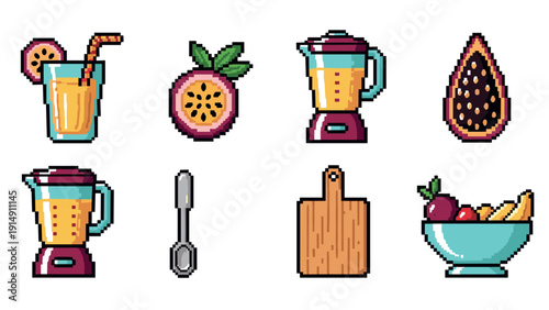 Colorful icons of juice and kitchen tools in retro pixel art style