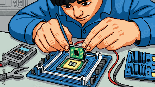 Pixel art: technician assembling motherboard with processor in retro style