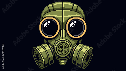 Pixel art gas mask design with retro gaming aesthetic on dark background