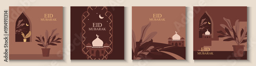 Eid Mubarak modern design with mosque, building, crescent moon in brown color.  Ramadan Kareem banner, poster, greeting card, cover design in trendy warming brown colors background.