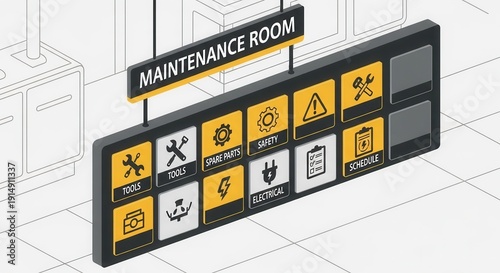 Maintenance Room Sign Featuring Icons, Symbols, And Information In Isometric Illustration