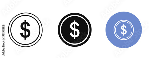 Three dollar sign icons on white background: black and blue currency symbols
