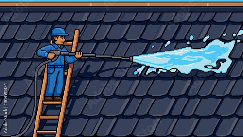 Rooftop cleaning worker using high-pressure washer in pixel art style