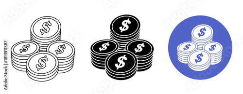 Stack of dollar coins icons in black and white with blue background