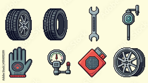 Retro pixel art car maintenance: tools, tires, wrench, and gauge icons
