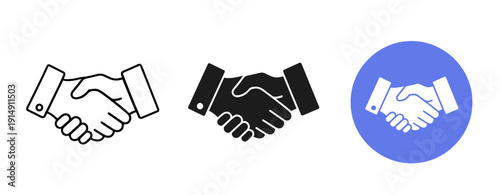 Three variations of handshake icons in different styles and colors