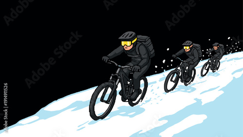 Pixel art cyclists riding mountain bikes on snowy trail in winter adventure
