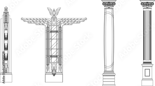 sketch illustration silhouette vector image collection of detailed designs of columns, pillars, monuments, towers, classic, vintage, ethnic, modern