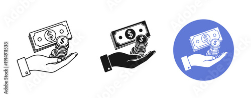 Hand holding money with coins icon set in black and white and blue