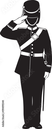 Saluting soldier silhouette vector illustration line art in formal ceremonial dress uniform