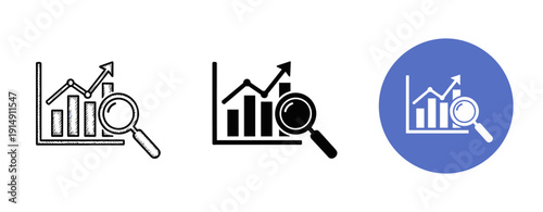 Varied magnifying glass and graph icons on different backgrounds