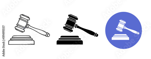 Set of three gavel icons: outlined, filled, and circular background designs