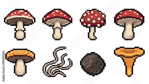 Pixel art mushrooms collection featuring varieties like amanita and chanterelle