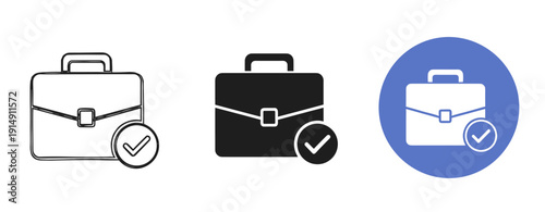 Briefcase icons with check marks in black and blue variations