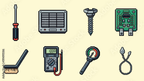 Retro pixel electronics tools and components set in 8-bit style