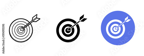 Set of three bullseye icons with arrows in varying styles and colors