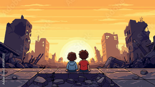 Pixel art scene of two kids facing a post-apocalyptic urban sunset