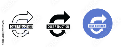 Cost reduction icons: arrows and text in black and blue variations on white background