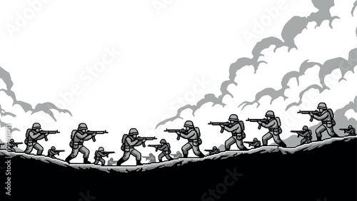 Retro pixel art style: soldiers marching under cloudy sky in dynamic battle scene