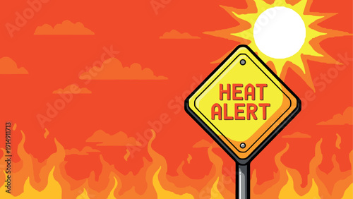Retro pixel art: heat alert sign with fiery background and sunburst