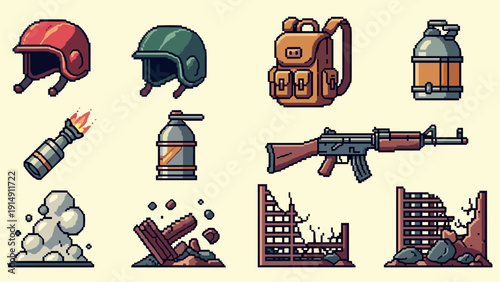 Pixel art survival set: helmets, backpack, grenade, weapon, and urban debris