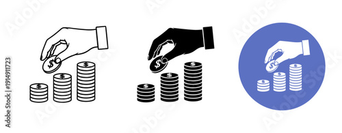 Icon set of hands stacking coins for financial growth and savings
