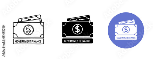 Government finance icons with dollar symbol in black and blue variations