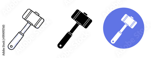 Wooden mallet icons set: outline and silhouette on blue circle background