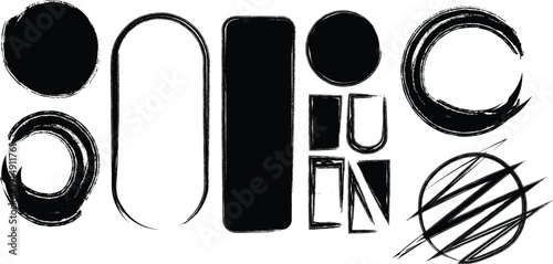 Abstract circular and oval brush stroke frames with black ink texture on transparent background group