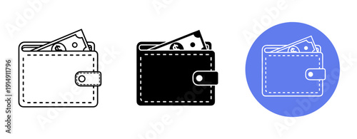 Wallet icons: outline, filled, and circle variations with cash