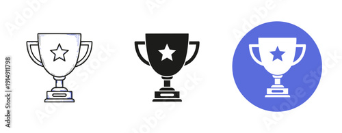 Set of trophy icons with star design in monochrome and blue variants