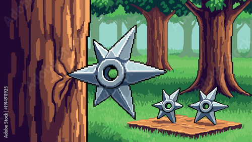 Pixel art ninja stars in forest scene with trees and greenery