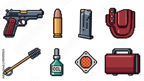 Pixel art gun set: firearm, ammunition, and accessories collection