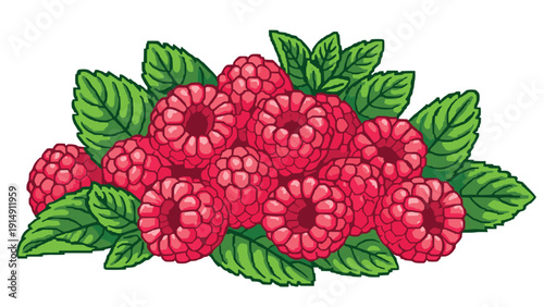 Vibrant pixel art of raspberries with green leaves