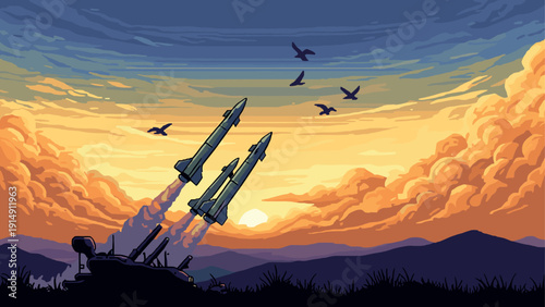 Pixel art missile launch at sunrise with birds in sky