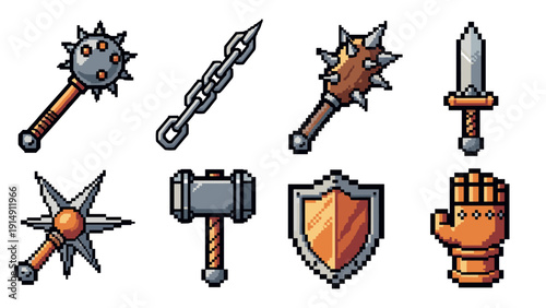 Pixel art medieval weapon icon set with mace, shield, and sword