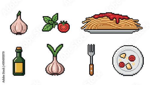 Pixel art italian cuisine elements with garlic, pasta, and ingredients