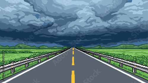 Dark clouds looming over open highway in pixel art with green fields and dramatic sky