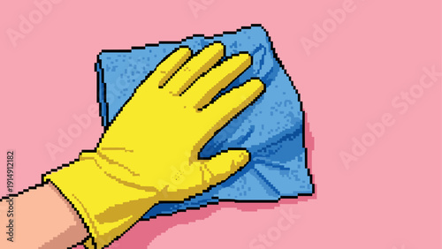 Retro pixel art of cleaning gloved hand with cloth on pink background